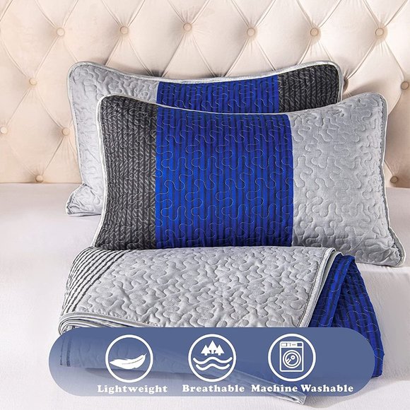 New 3 Pieces Blue Striped Alternative  Quilted Bedding Set,1 Quilt + 2 P… - Picture 8 of 12